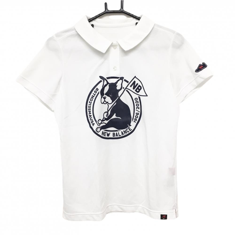 【美品】ニューバランスゴルフ 半袖ポロシャツ 白×ネイビー フロントプリント 犬 レディース 2(L) ゴルフウェア New Balance