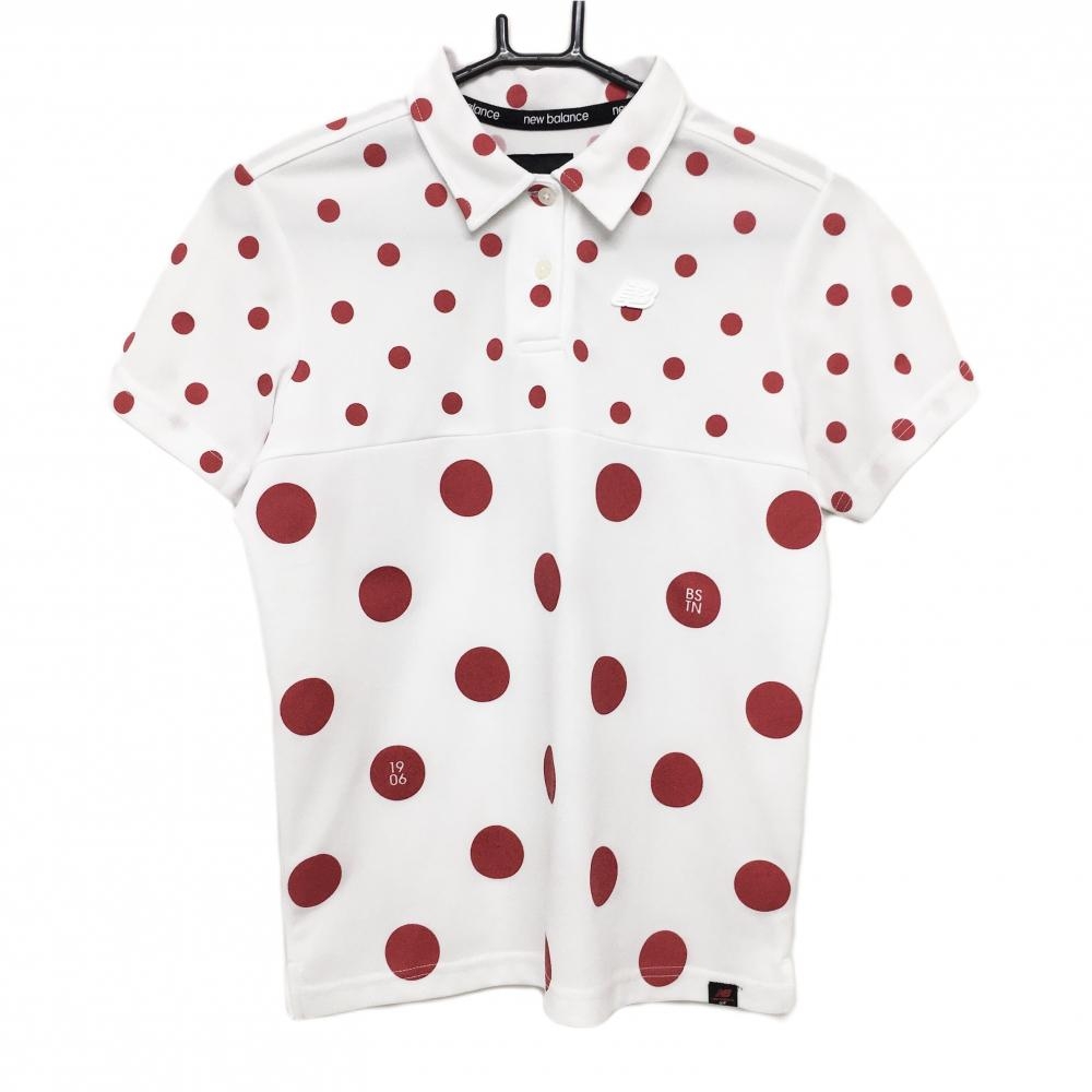 【美品】ニューバランスゴルフ 半袖ポロシャツ 白×レッド ドット柄 ロゴワッペン  レディース 2(L) ゴルフウェア New Balance