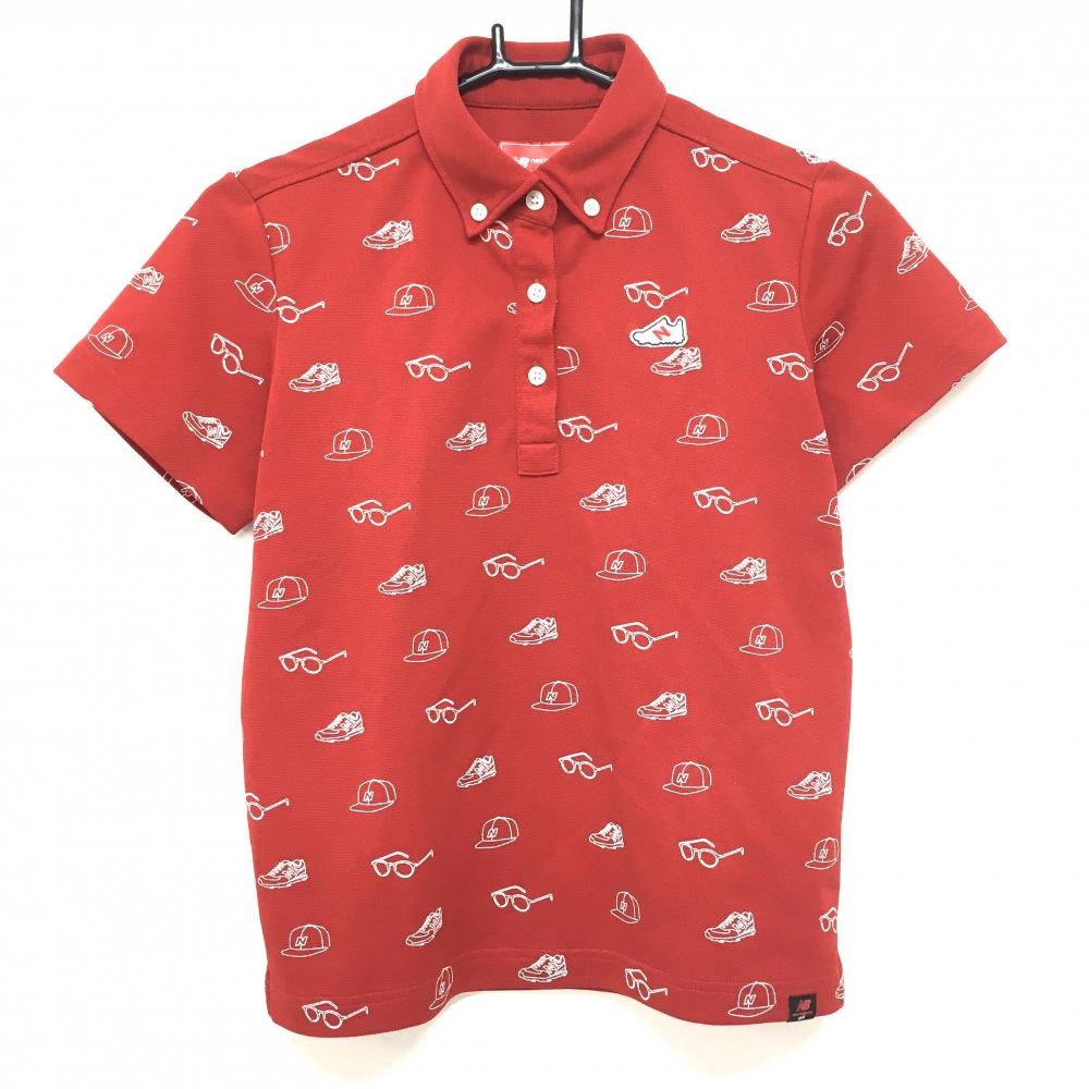 ニューバランスゴルフ 半袖ポロシャツ レッド×白 総柄 シューズワッペン ボタンダウン レディース 1(M) ゴルフウェア New Balance