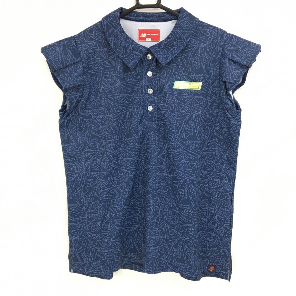 【超美品】ニューバランスゴルフ 半袖ポロシャツ ネイビー×ライトパープル スニーカー総柄  レディース 1(M) ゴルフウェア New Balance