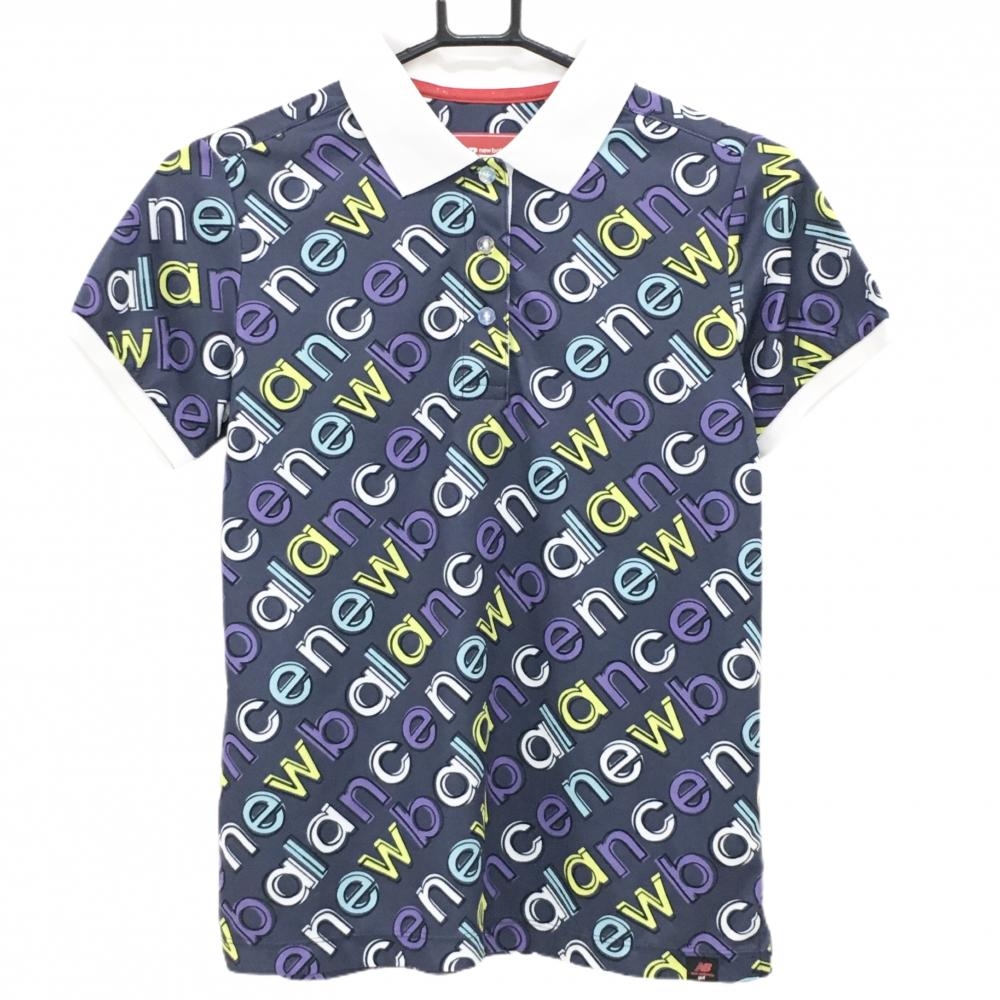 ニューバランスゴルフ 半袖ポロシャツ ネイビー計×ライトブルー×イエロー 英字ロゴ総柄 レディース 1(M) ゴルフウェア New Balance
