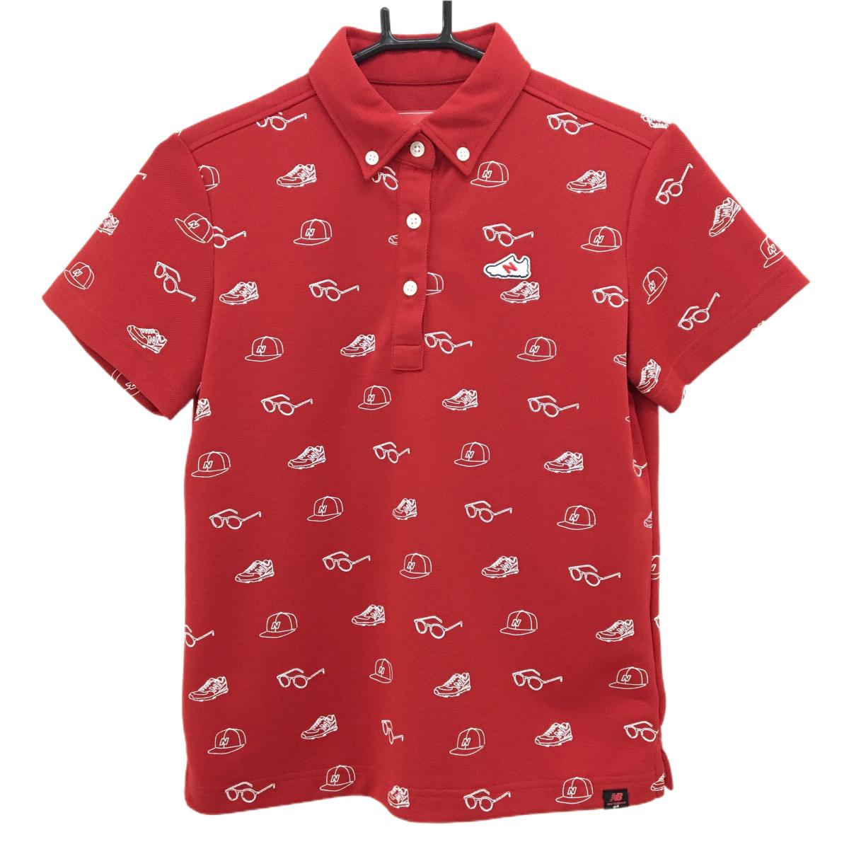 【超美品】ニューバランスゴルフ 半袖ポロシャツ レッド×白 総柄 ボタンダウン レディース 1(M) ゴルフウェア New Balance