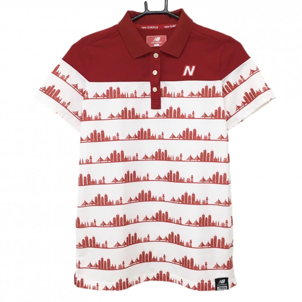 【美品】ニューバランスゴルフ 半袖ポロシャツ 白×レッド系 総柄 ロゴ刺しゅう レディース 1(M) ゴルフウェア New Balance