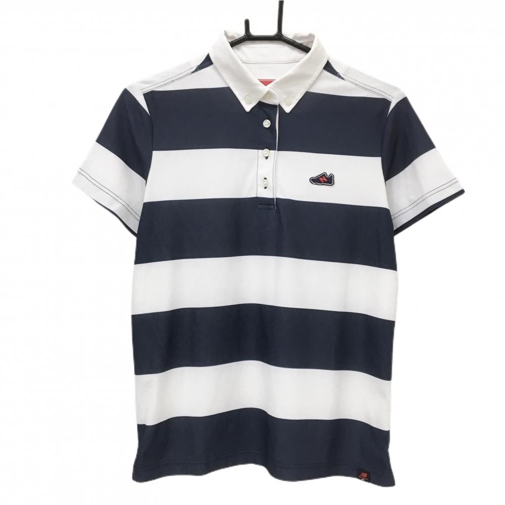 【美品】ニューバランスゴルフ 半袖ポロシャツ 白×ネイビー ボーダー ボタンダウン  レディース 2(L) ゴルフウェア New Balance