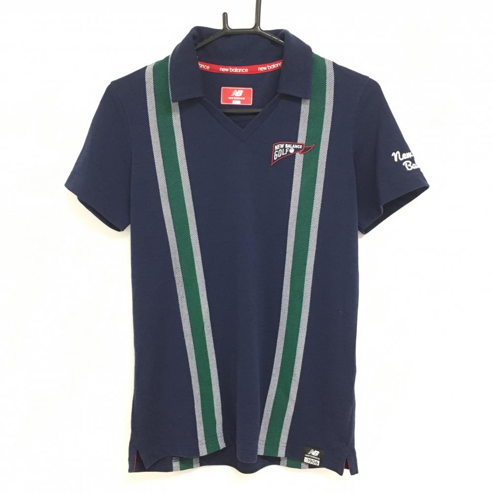 【超美品】ニューバランスゴルフ 半袖スキッパーシャツ ネイビー×グリーン ロゴワッペン レディース 2(L) ゴルフウェア New Balance