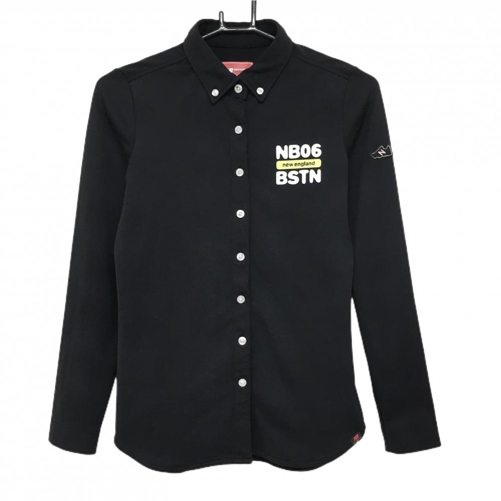 【美品】ニューバランスゴルフ 長袖シャツ 黒 地模様 ボタンダウン  レディース 1(M) ゴルフウェア New Balance