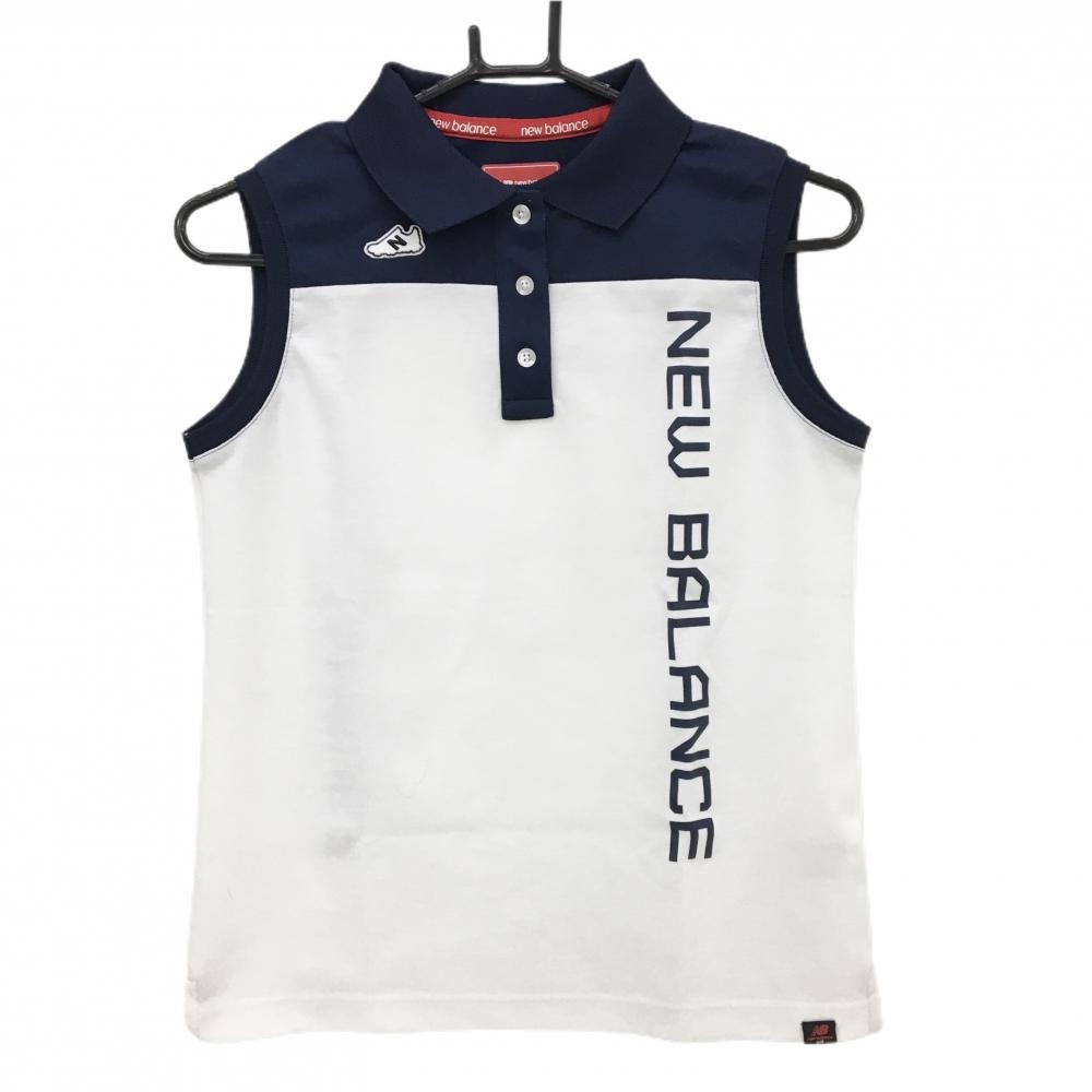 【美品】ニューバランスゴルフ ノースリーブポロシャツ 白×ネイビー ロゴプリント  レディース 1(M) ゴルフウェア New Balance
