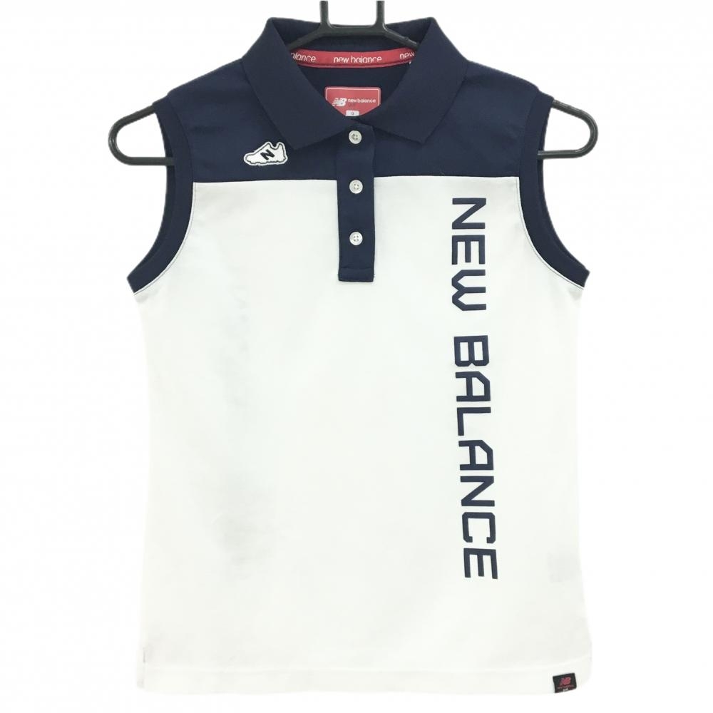 【美品】ニューバランスゴルフ ノースリーブポロシャツ ネイビー×白 スニーカーワッペン レディース 0(S) ゴルフウェア New Balance