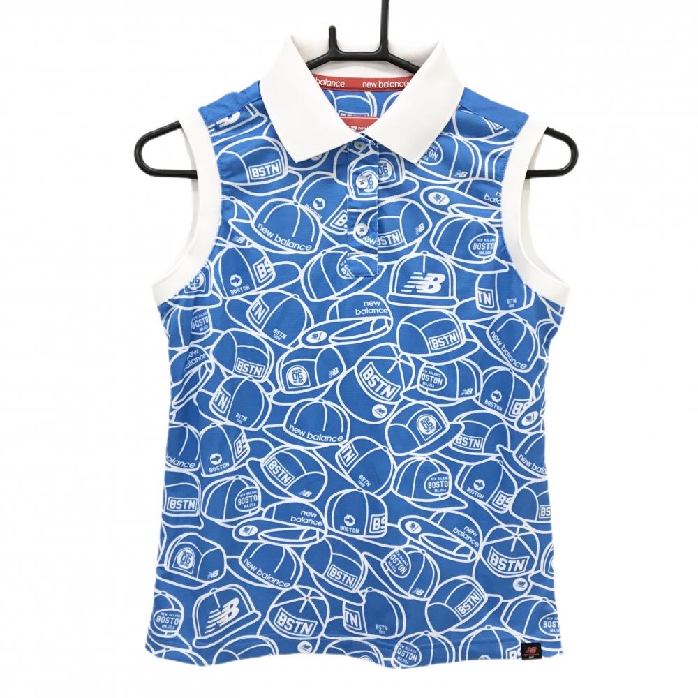 【美品】ニューバランスゴルフ ノースリーブポロシャツ ライトブルー×白 前面キャップ総柄  レディース 1(M) ゴルフウェア New Balance