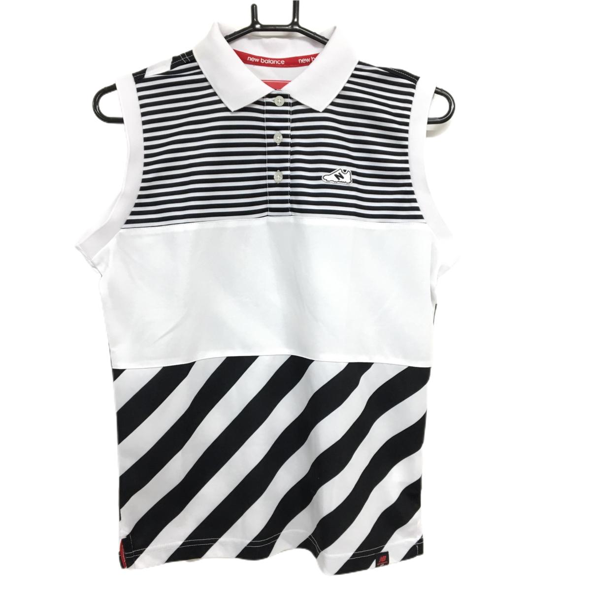 【美品】ニューバランスゴルフ ノースリーブポロシャツ 白×黒 一部ボーダー 靴ワッペン レディース 2(L) ゴルフウェア New Balance