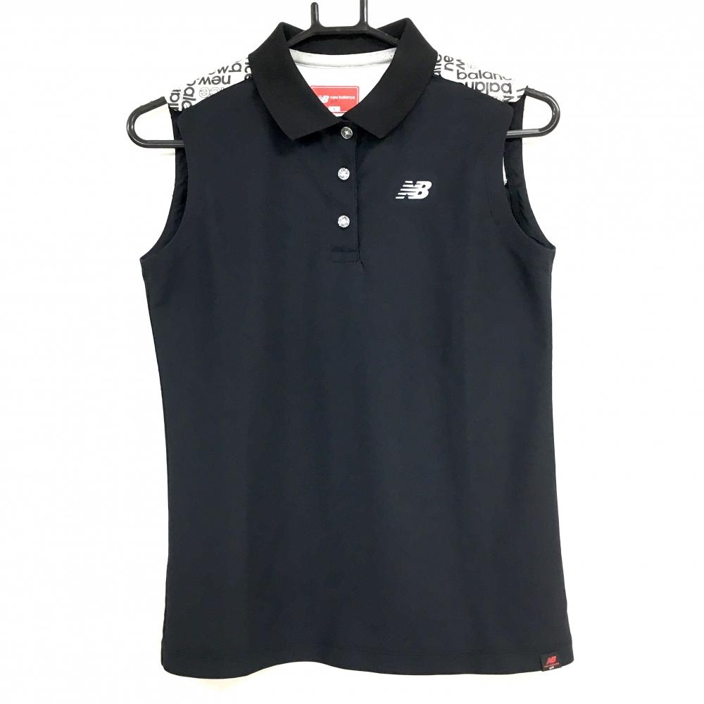 【美品】ニューバランスゴルフ ノースリーブポロシャツ 黒×白 肩ロゴ総柄 レディース 1(M) ゴルフウェア New Balance