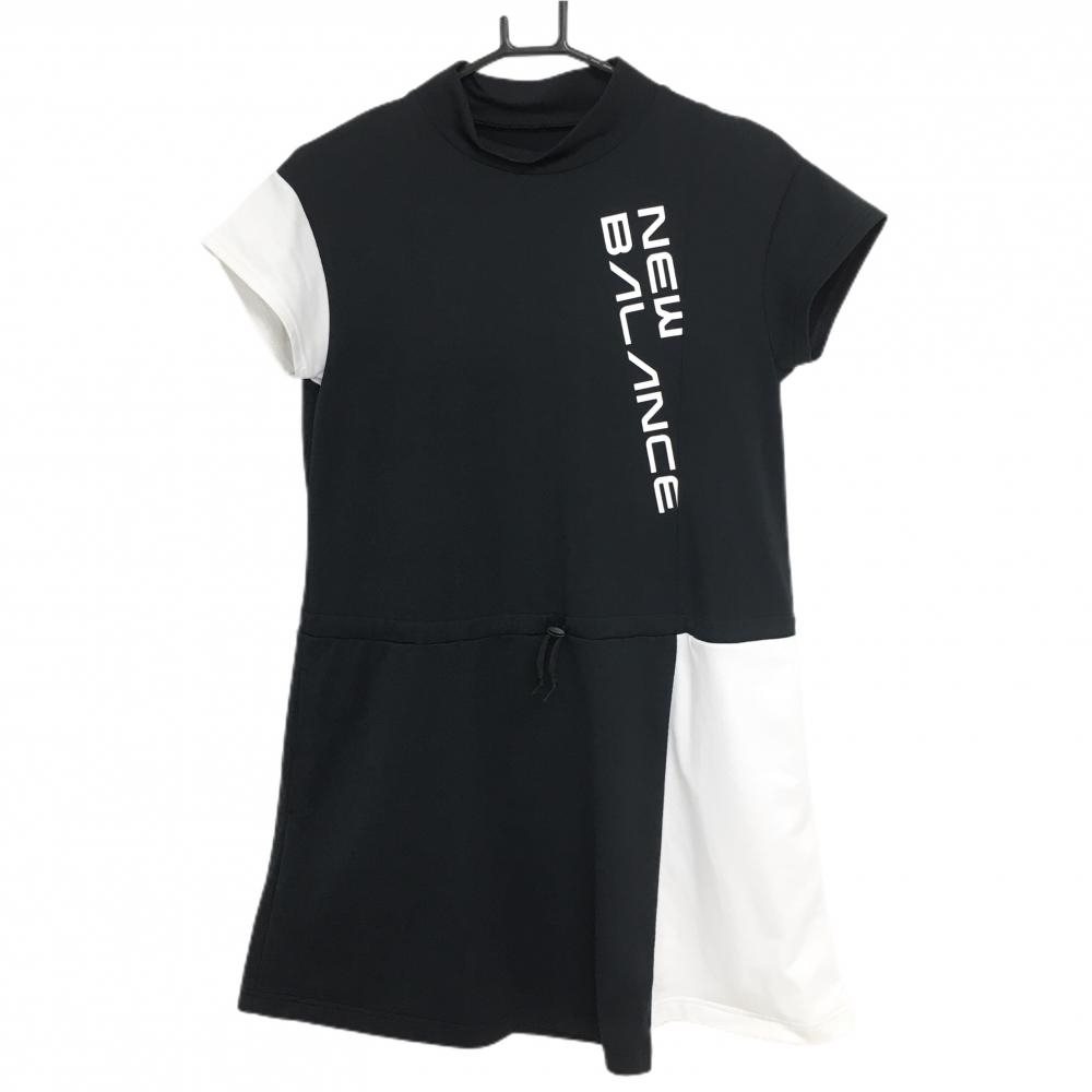 【美品】ニューバランスゴルフ 半袖ハイネックワンピース 黒×白 バイカラー ロゴプリント レディース 0(S) ゴルフウェア New Balance