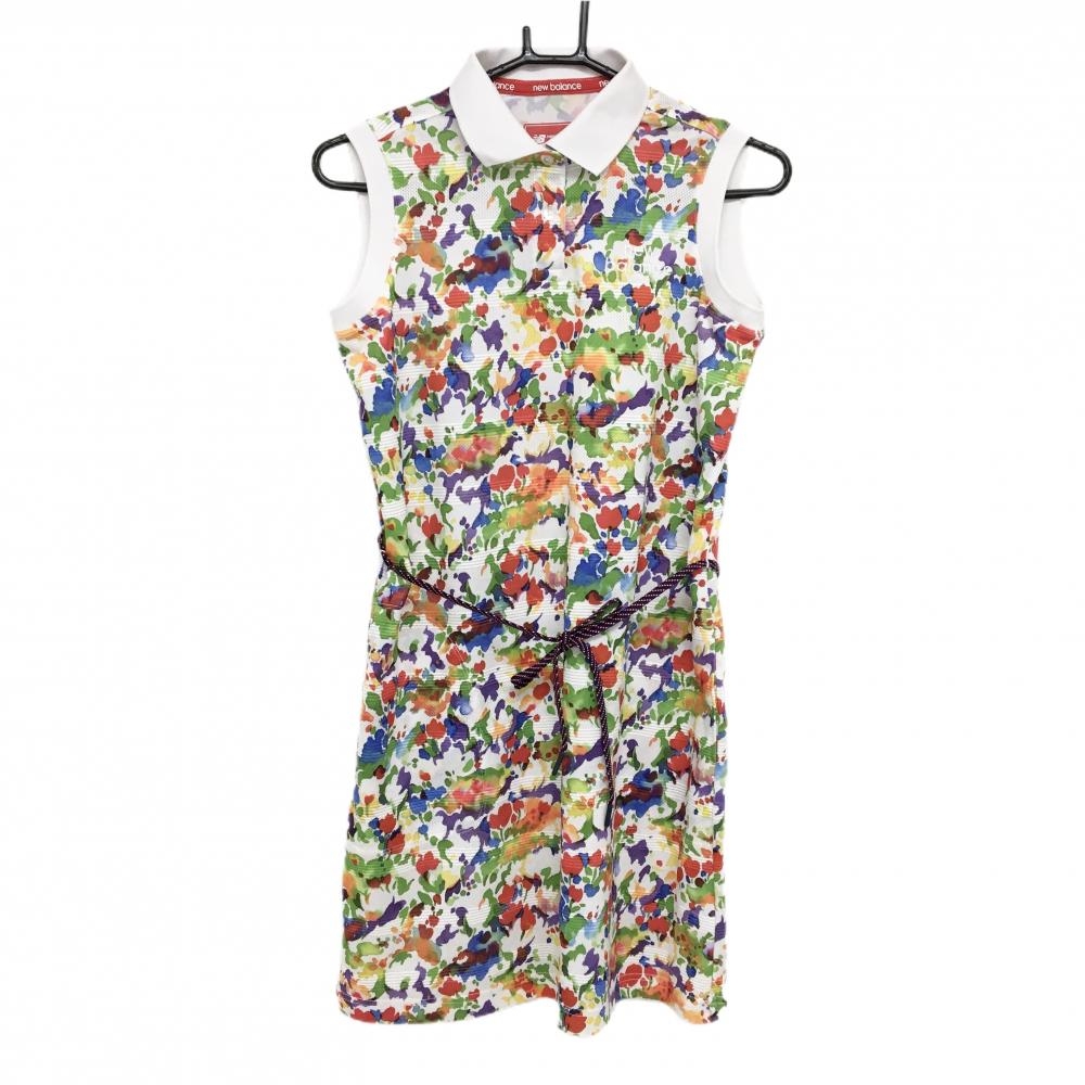 【超美品】ニューバランスゴルフ ノースリーブワンピース 白×マルチカラー 総柄 レディース 0(S) ゴルフウェア New Balance