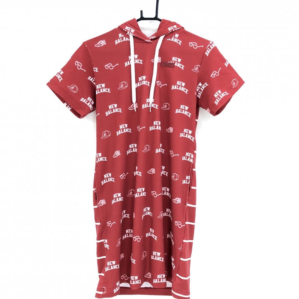 【美品】ニューバランスゴルフ フード付き半袖ワンピース レッド×白 ロゴ総柄  レディース 1(M) ゴルフウェア New Balance