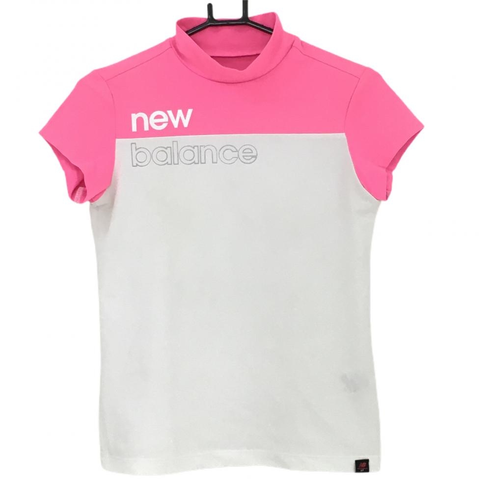【美品】ニューバランス 半袖ハイネックシャツ ピンク×白 ロゴラメ入り レディース 0(S) ゴルフウェア 2022年モデル New Balance