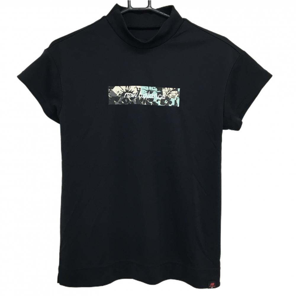 【超美品】ニューバランスゴルフ 半袖ハイネックシャツ 黒 胸ロゴプリント ハイビスカス レディース 2(L) ゴルフウェア New Balance