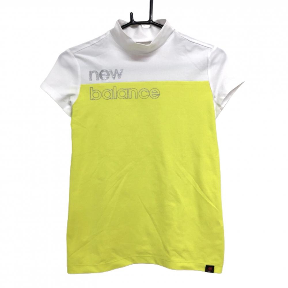 【超美品】ニューバランスゴルフ 半袖ハイネックシャツ 蛍光イエロー×白 フロントロゴ  レディース 0(S) ゴルフウェア New Balance