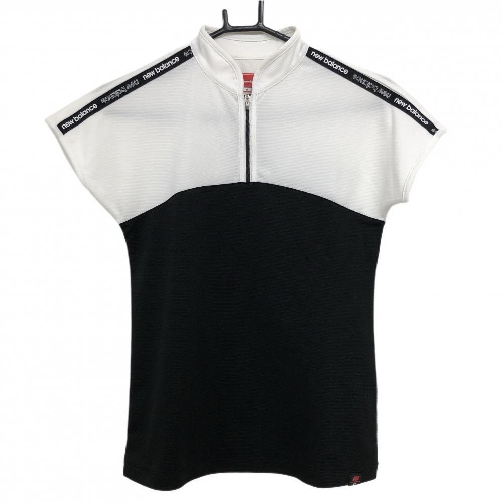 【超美品】ニューバランス 半袖ハイネックシャツ 黒×白 織生地 バックロゴ ハーフジップ レディース 0(S) ゴルフウェア New Balance
