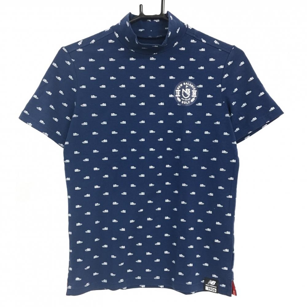 ニューバランスゴルフ 半袖ハイネックシャツ ネイビー×白 シューズ総柄 レディース 1(M) ゴルフウェア New Balance