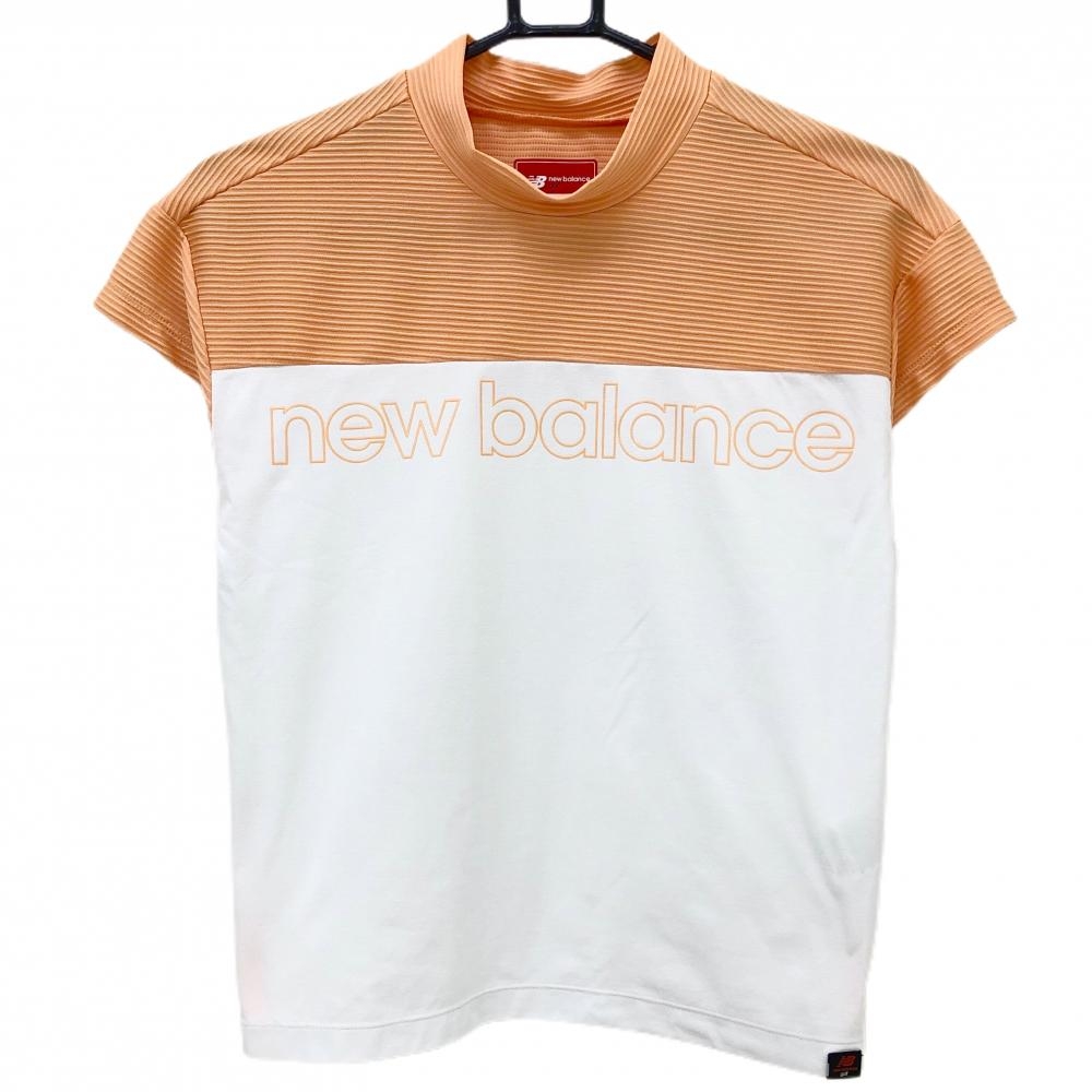 【超美品】ニューバランスゴルフ 半袖ハイネックシャツ オレンジ×白 胸元ビッグロゴ 切替 レディース 0(S) ゴルフウェア New Balance
