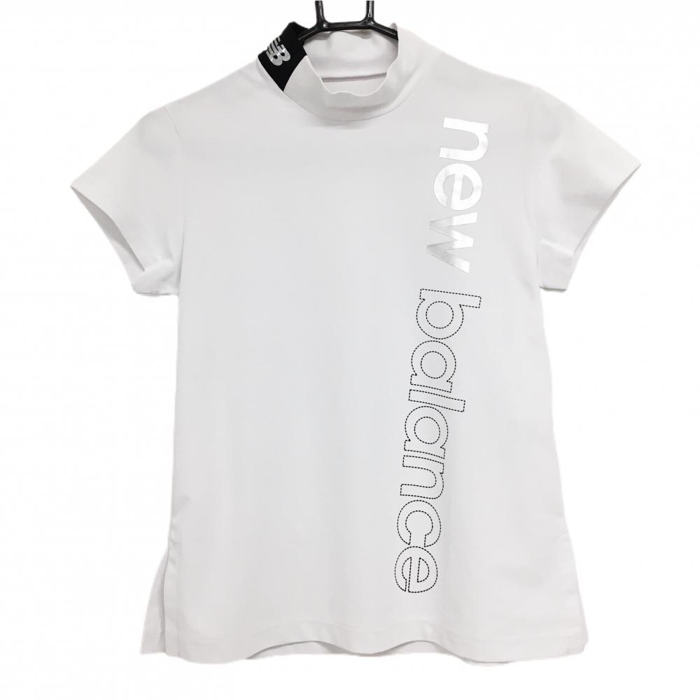 【美品】ニューバランスゴルフ 半袖ハイネックシャツ 白×黒 ロゴシルバー レディース 0(S) ゴルフウェア 2024年モデル New Balance