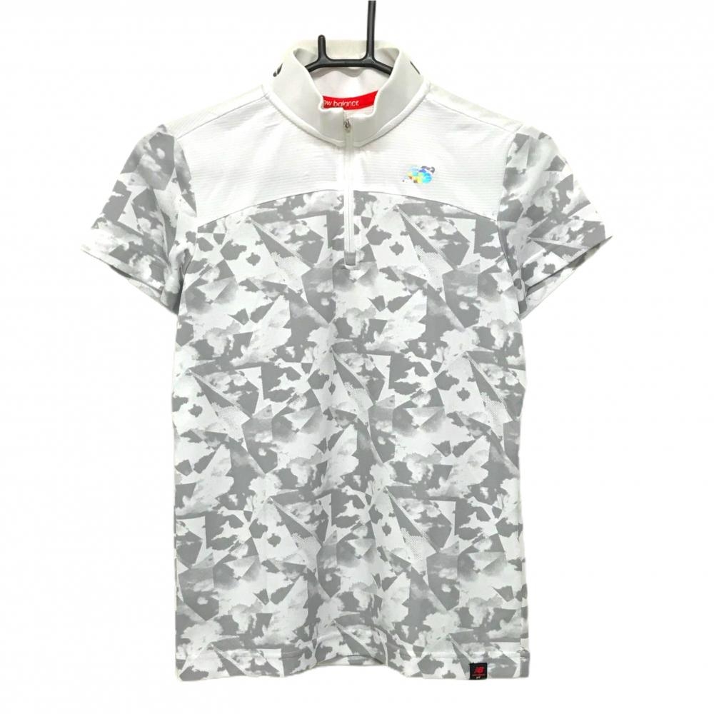 ニューバランスゴルフ 半袖ハイネックシャツ 白×グレー 総柄 ハーフジップ ネックロゴプリント レディース 1(M) ゴルフウェア New Balance