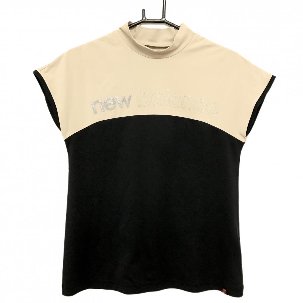 【美品】ニューバランスゴルフ 半袖ハイネックシャツ ベージュ×黒 ロゴシルバー レディース 2(L) ゴルフウェア 2023年モデル New Balance