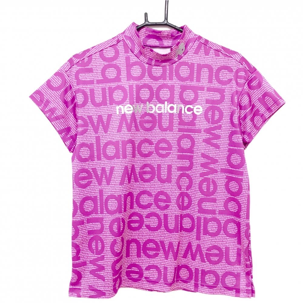 【超美品】ニューバランスゴルフ 半袖ハイネックシャツ ピンク系×白 英字ロゴ柄 レディース 2(L) ゴルフウェア 2024年モデル New Balance