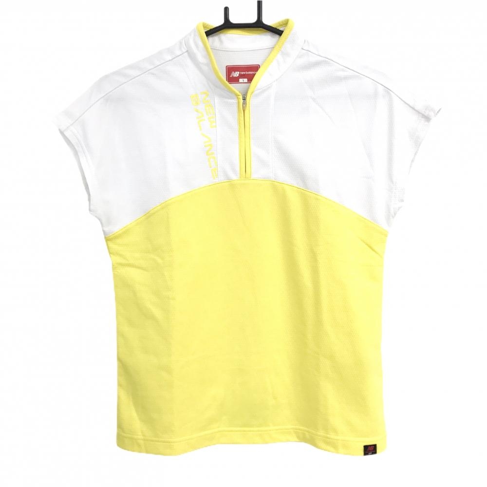 【超美品】ニューバランスゴルフ 半袖ハイネックシャツ 白×イエロー 織生地 ハーフジップ レディース 1(M) ゴルフウェア New Balance