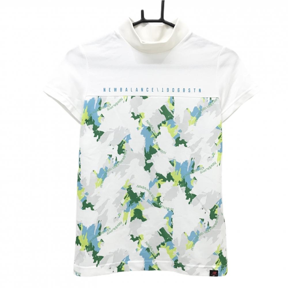 【美品】ニューバランスゴルフ 半袖ハイネックシャツ 白×グリーン 下部総柄 レディース 1(M) ゴルフウェア New Balance