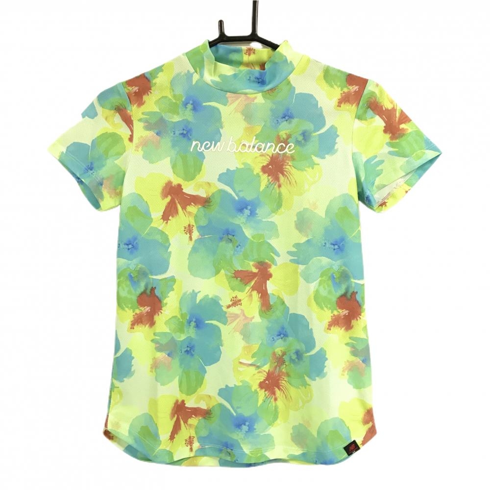 【超美品】ニューバランスゴルフ 半袖ハイネックシャツ イエロー系×ライトブルー 花柄風 レディース 0(S) ゴルフウェア New Balance