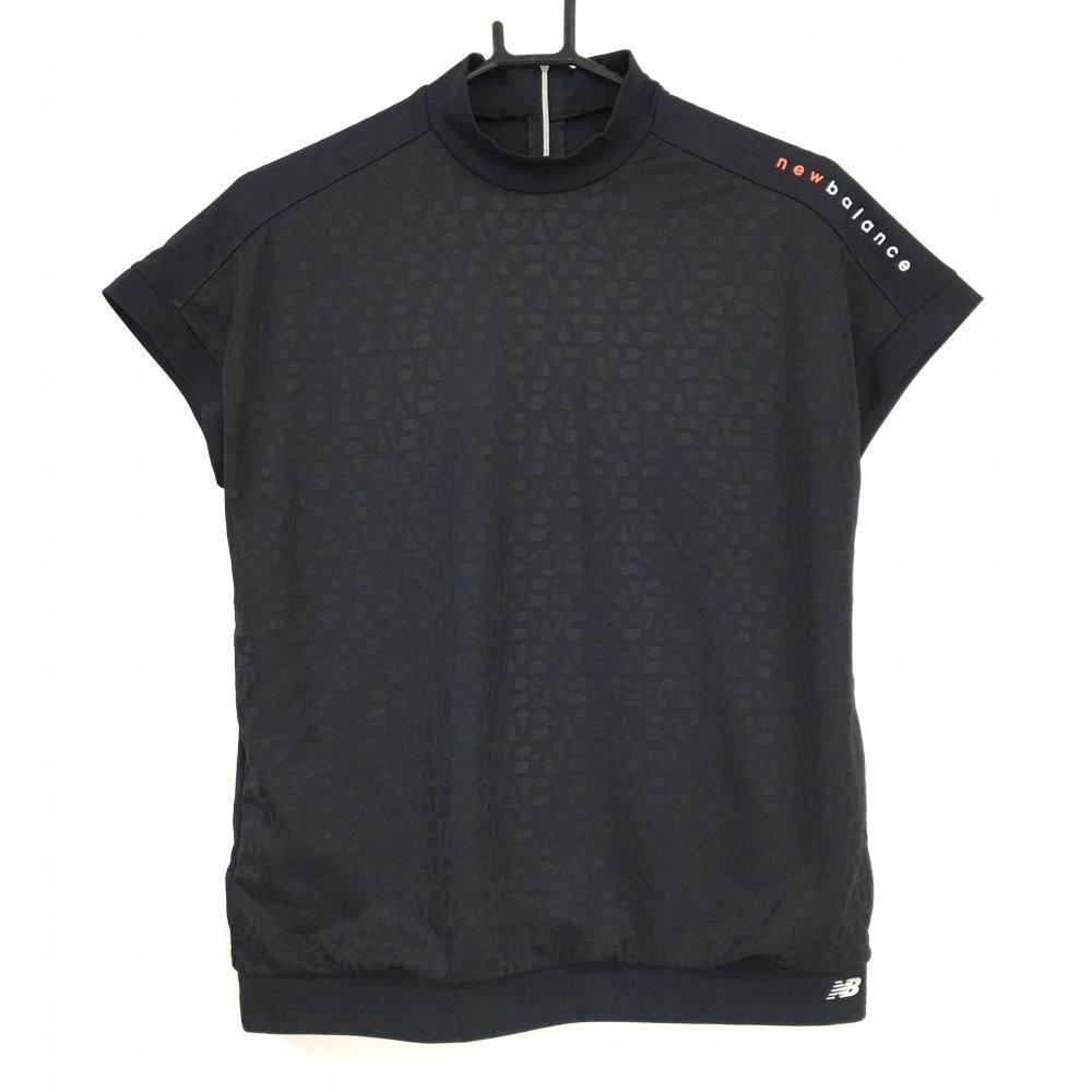 【美品】ニューバランスゴルフ 半袖ハイネックシャツ 黒 身頃英字柄 フレンチスリーブ  レディース 1(M) ゴルフウェア New Balance