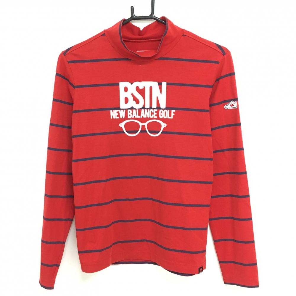 【美品】ニューバランスゴルフ 長袖ハイネックシャツ レッド×ネイビー ボーダー レディース 2(L) ゴルフウェア New Balance