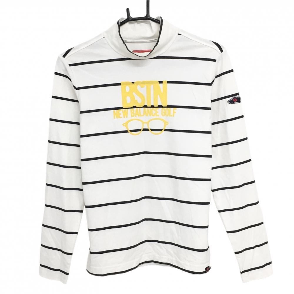 【美品】ニューバランスゴルフ 長袖ハイネックシャツ 白×黒 ボーダー フロッキープリント レディース 2(L) ゴルフウェア New Balance