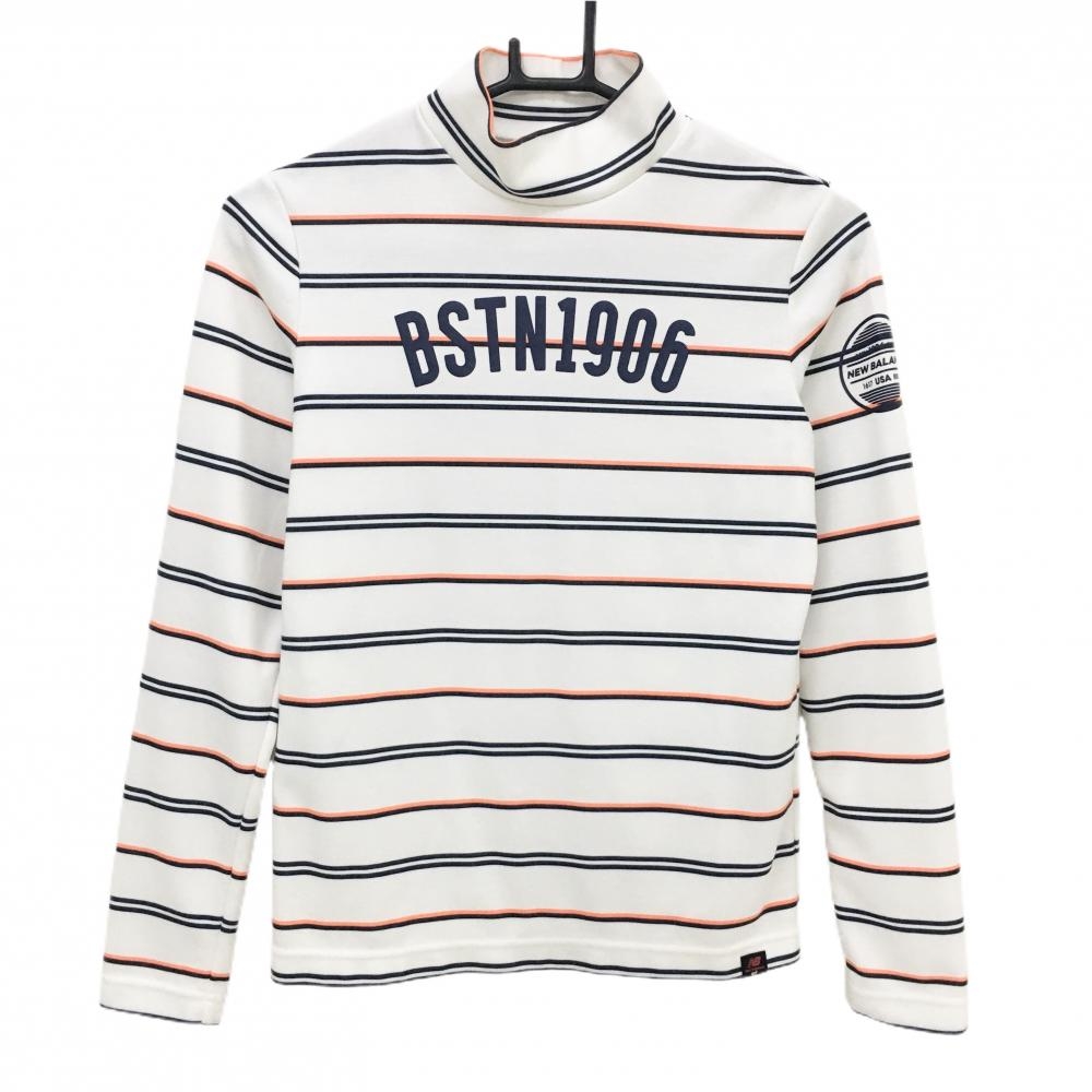 【美品】ニューバランスゴルフ 長袖ハイネックシャツ 白×ネイビー×オレンジ ボーダー レディース 1(M) ゴルフウェア New Balance
