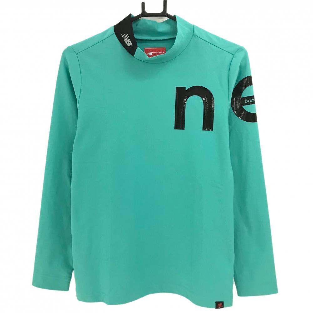 【美品】ニューバランスゴルフ 長袖ハイネックシャツ ブルーグリーン系×黒 ロゴプリント レディース 2(L) ゴルフウェア New Balance