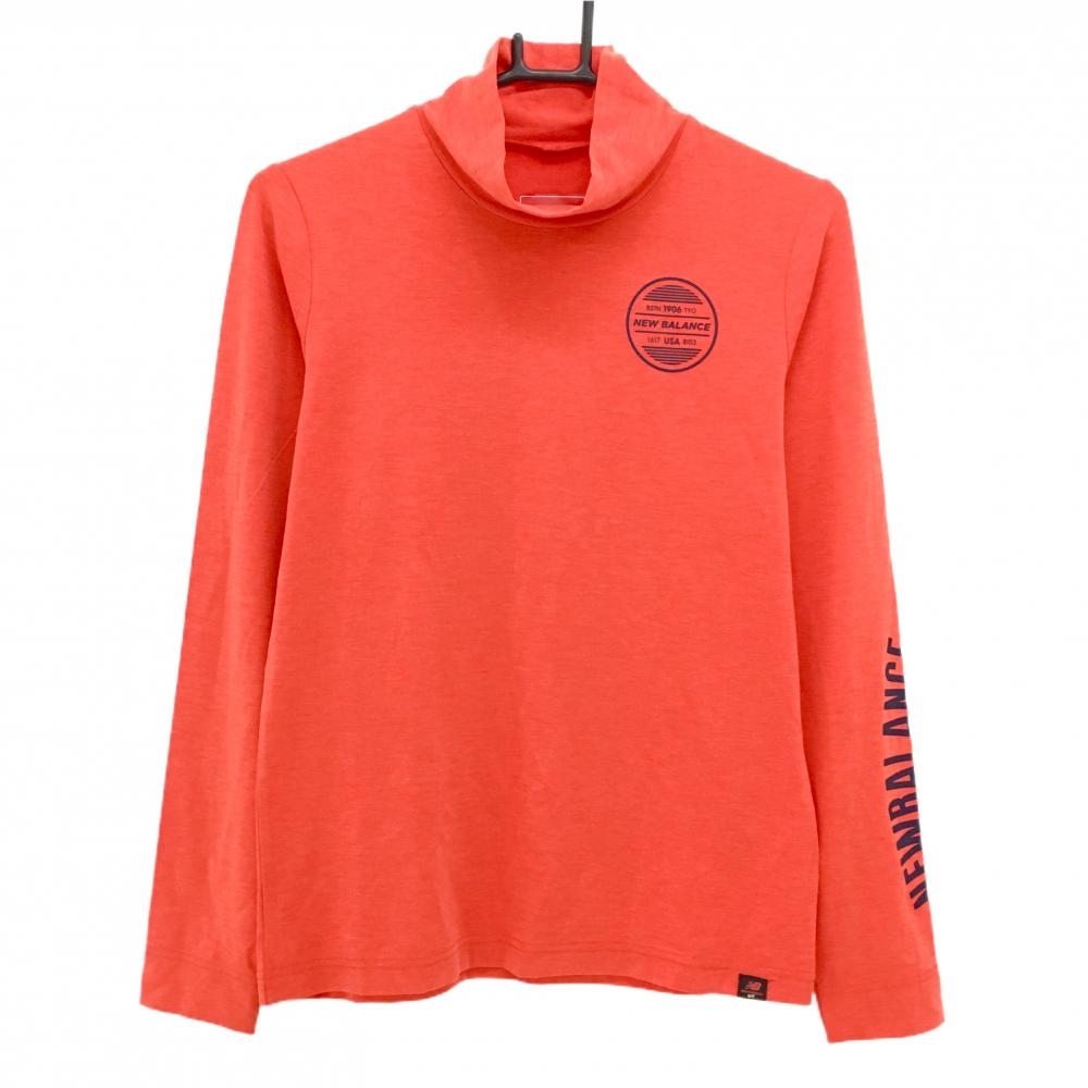 【超美品】ニューバランスゴルフ 長袖ハイネックシャツ オレンジレッド×ネイビー ロゴプリント レディース 2(L) ゴルフウェア New Balance