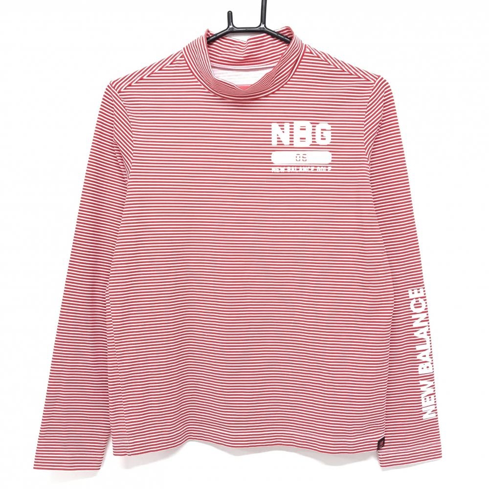 【美品】ニューバランスゴルフ 長袖ハイネックシャツ レッド×白 ボーダー 袖ロゴ レディース 2(L) ゴルフウェア New Balance
