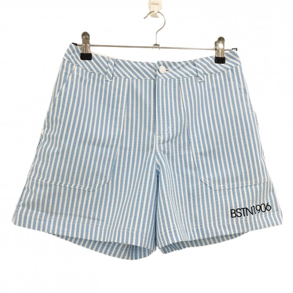 【超美品】ニューバランスゴルフ ショートパンツ 白×ライトブルー ストライプ調 レディース 1(M) ゴルフウェア New Balance