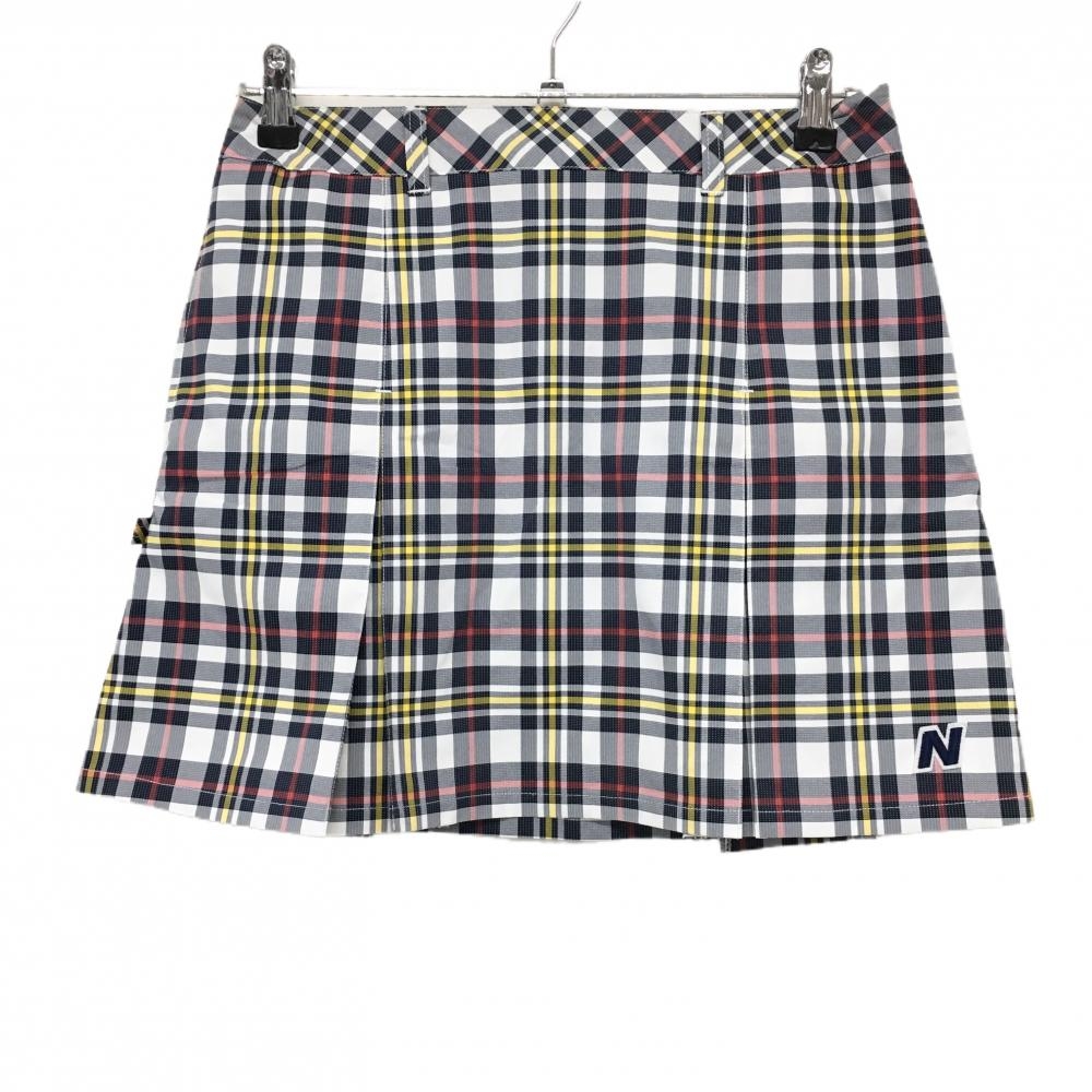 【超美品】ニューバランス ボックスプリーツスカート ネイビー×白 裾ワッペン レディース 1(M) ゴルフウェア New Balance