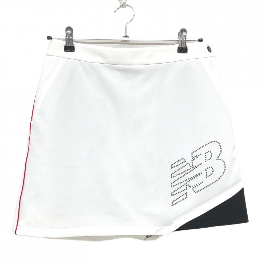 【美品】ニューバランスゴルフ スカート 白×黒 ラインストーンロゴ ウエスト一部ゴム レディース 2(L) ゴルフウェア New Balance