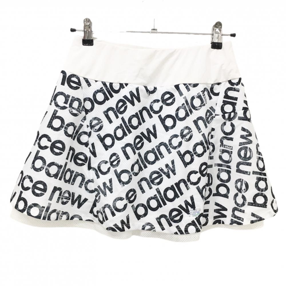 【超美品】ニューバランスゴルフ スカート 白×ネイビー ロゴ総柄 裏地メッシュ ウエストゴム レディース 0(S) ゴルフウェア New Balance