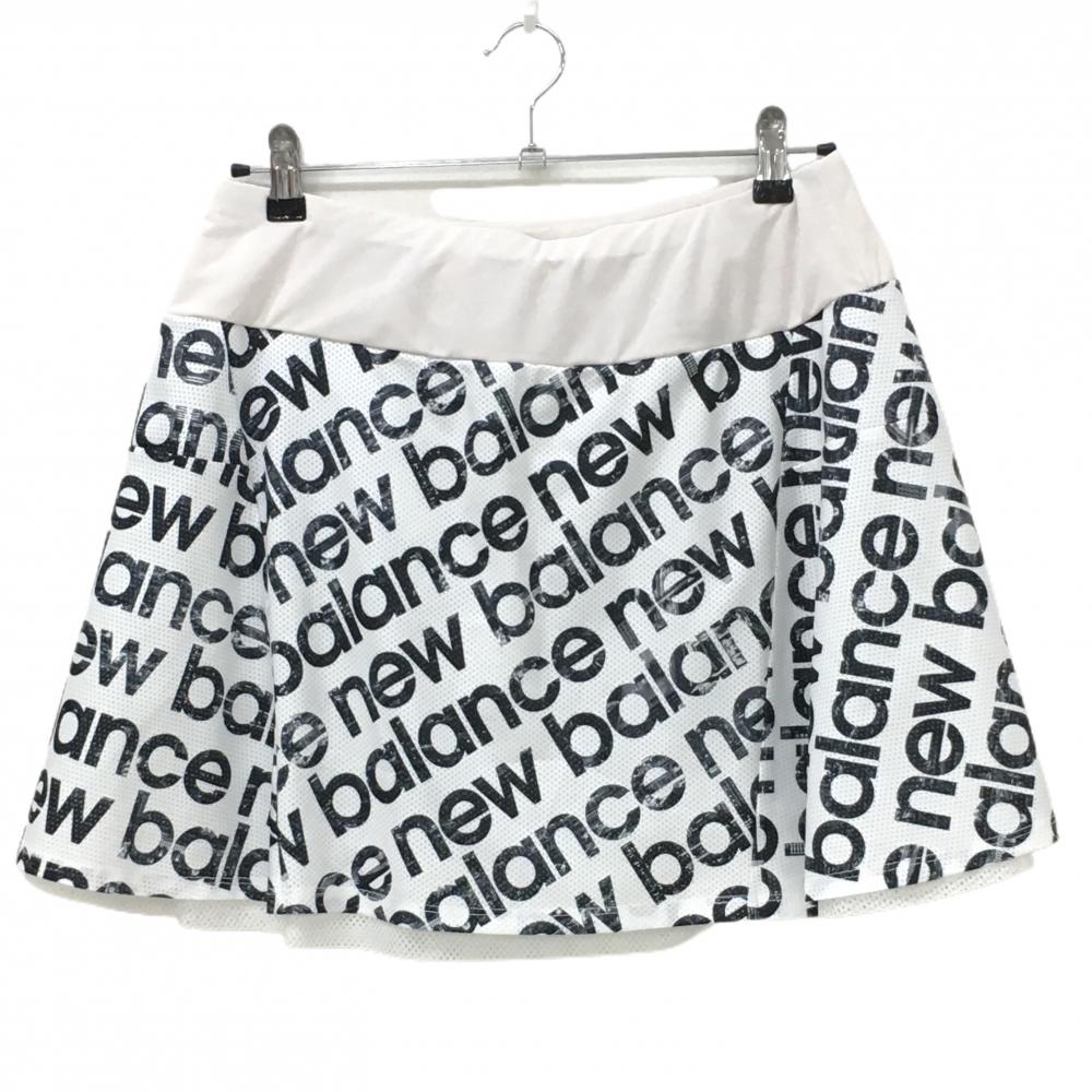 【超美品】ニューバランスゴルフ スカート 白×黒 メッシュ地 ロゴ総柄 メッシュ裏地付き  レディース 2(L) ゴルフウェア New Balance
