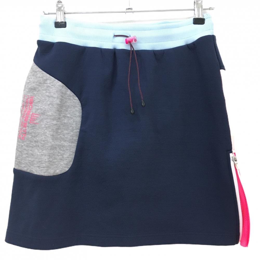 【美品】ニューバランスゴルフ スカート ネイビー×ピンク ロゴプリント ウエストゴム レディース 2(L) ゴルフウェア New Balance