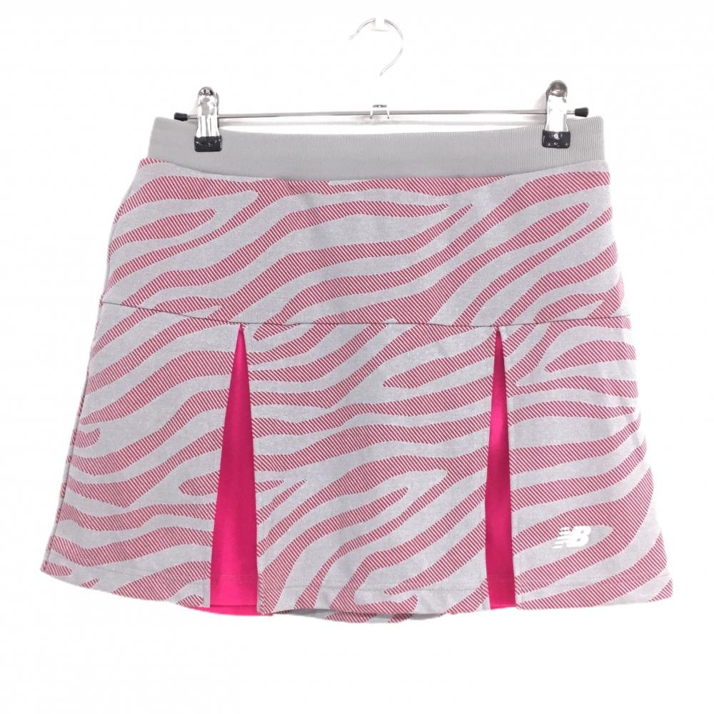 【美品】ニューバランスゴルフ スカート グレー×ピンク 総柄 ウエストロゴ レディース 2(L) ゴルフウェア New Balance