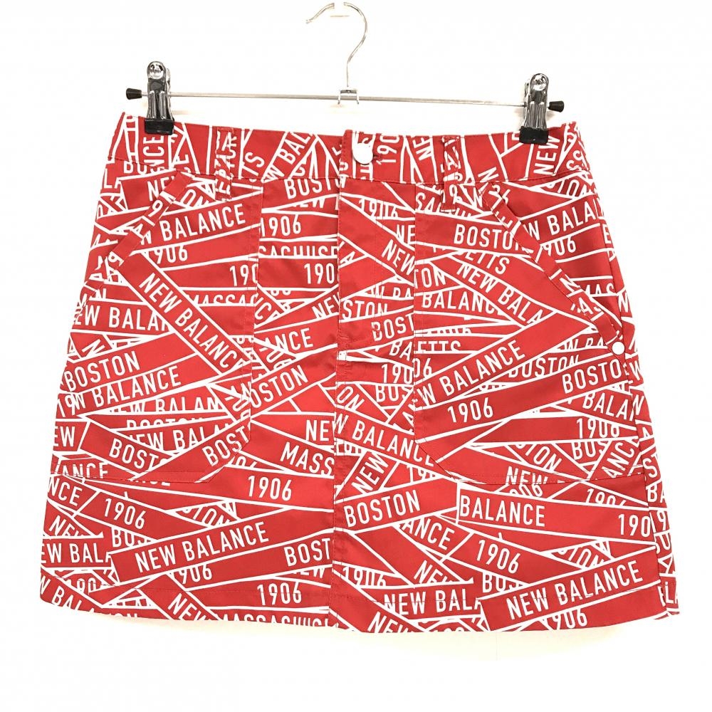 【美品】ニューバランスゴルフ スカート レッド×白 英字ロゴ総柄 レディース 1(M) ゴルフウェア New Balance