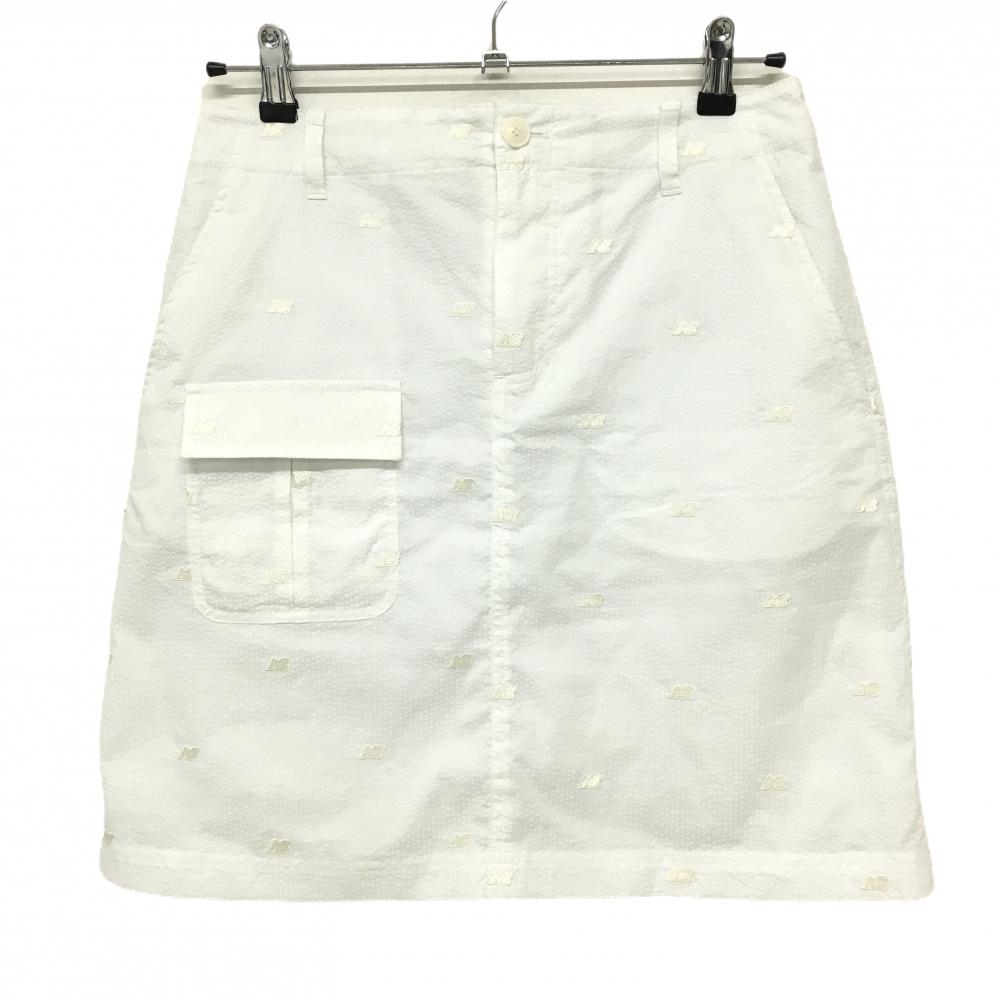【超美品】ニューバランスゴルフ スカート 白 ロゴ刺しゅう総柄 サッカー生地 裏地付 レディース 1(M) ゴルフウェア New Balance