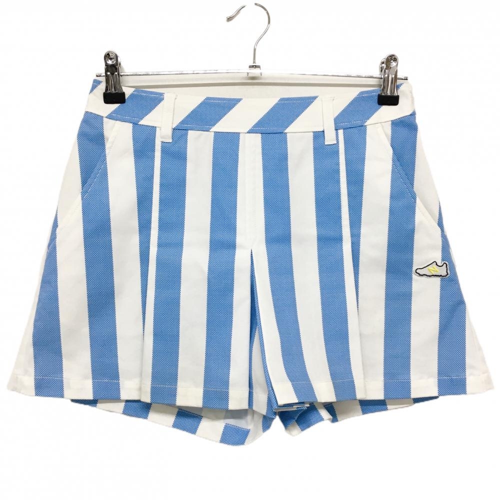 【美品】ニューバランス キュロットスカート 白×ライトブルー ストライプ シューズワッペン レディース 0(S) ゴルフウェア New Balance