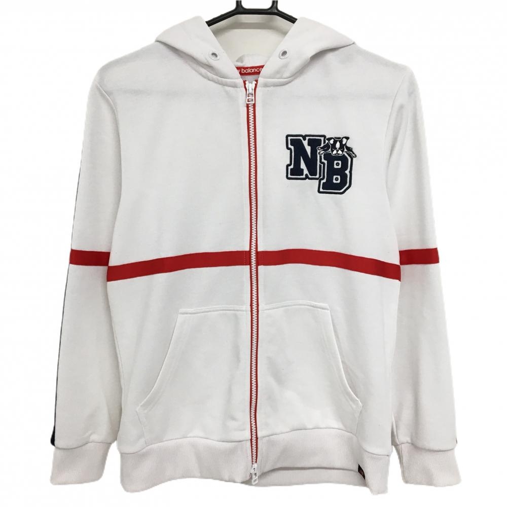 【超美品】ニューバランスゴルフ ジップパーカー 白×ネイビー 袖ライン ロゴ刺しゅう  レディース 2(L) ゴルフウェア New Balance
