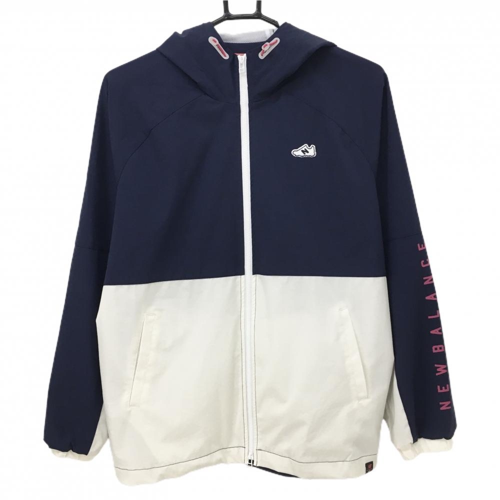 【超美品】ニューバランスゴルフ フード付きブルゾン ネイビー×白 袖ロゴプリント  レディース 2(L) ゴルフウェア New Balance